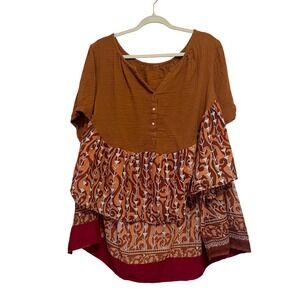 The Morgan Factory Boho Mixed Print Tiered Gauze Tunic Top Brown Rust One Size